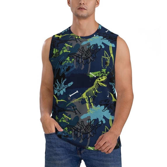 Daiia Cartoon Dinosaur Printed Men's Tank Tops,Casual Soft Sleeveless Gym Muscle Shirts Bodybuilding Tee-3X-Large