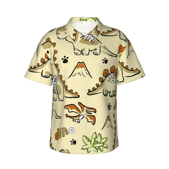 Daiia Cartoon Dinosaurs Hawaiian Shirt for Men Gentle Cotton Regular Short Sleeve Casual-X-Large