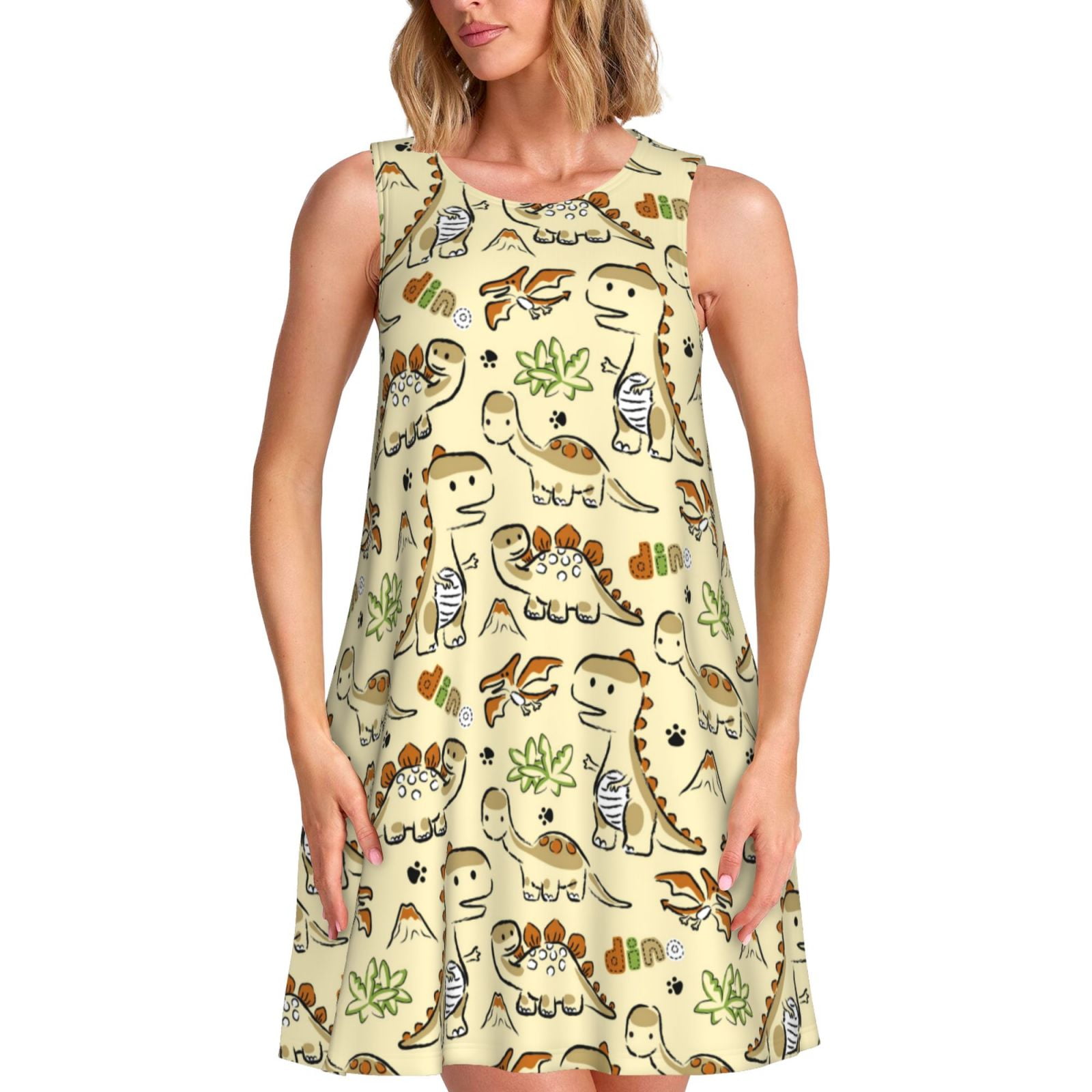 Womens Dinosaur Print Dress Women Vintage Sleeveless Ladies Dress Cute Dinosaur Tunic Tank Womens Dinosaur Print Dress Women Vintage Sleeveless Ladies Dress Cute Dinosaur Tunic Tank