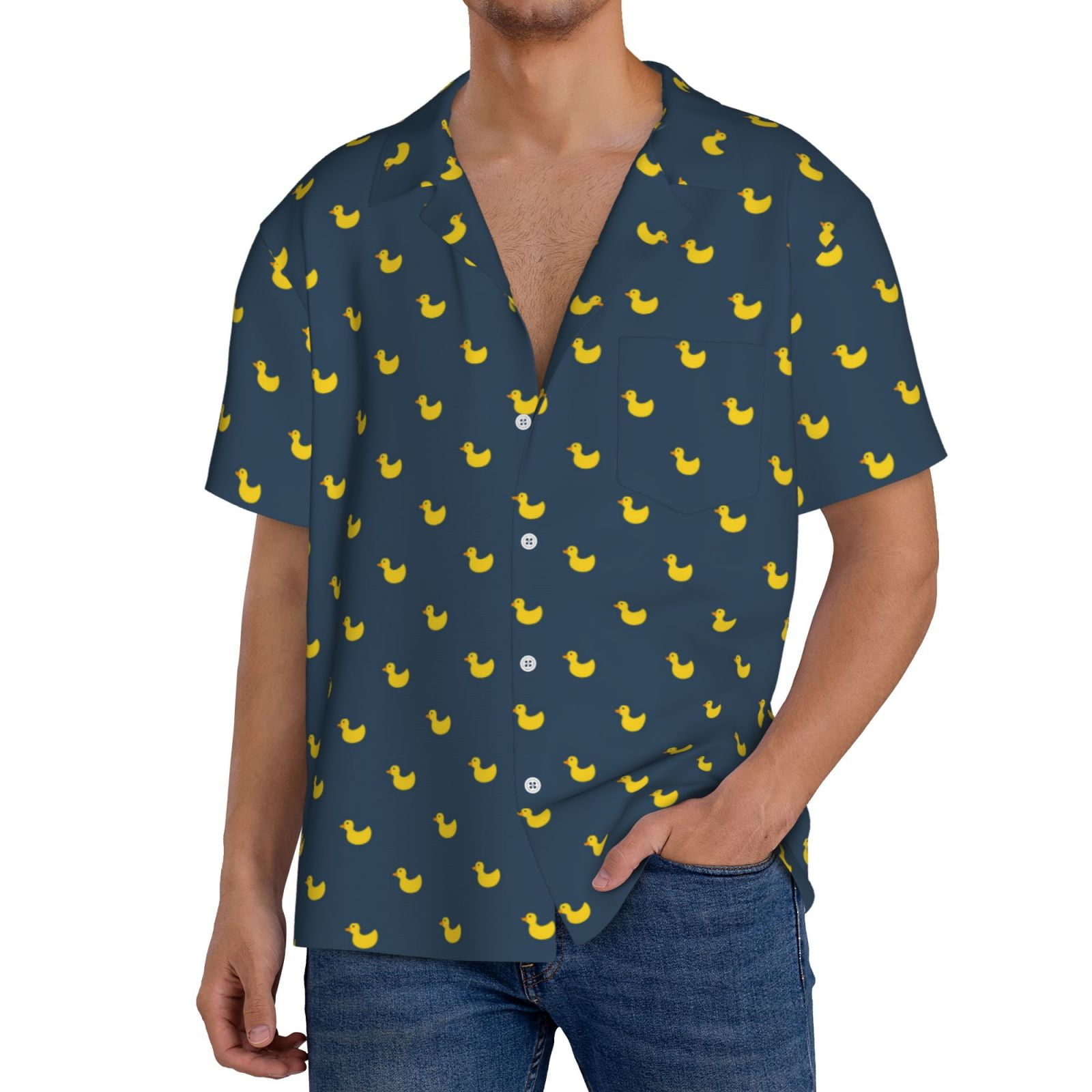 Men’s Yellow Cartoon Ducks Hawaiian Shirt – Retro Button Up, Funny Party Shirt, Polyester, Loose Fit