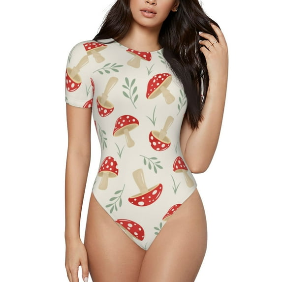 Daiia Cartoon Flat Mushrooms print Women's Crew Neck Short Sleeve Bodysuit Fashion Tops Fit Casual Basic Extender Bodysuit-X-Large