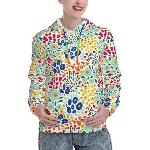 Daiia Cartoon Flowers Pattern Women's Fashion Hoodies & Sweatshirts with Kangaroo Pocket Hooded Sweatshirt with Eye-catching Drawstrings-Small