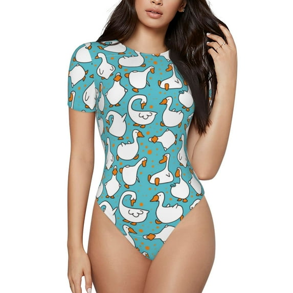 Daiia Cartoon Funny Goose Women'S Crew Neck Short Sleeve Slim Fit T Shirts Tops Basic Bodysuit Leotard Clothing-Small