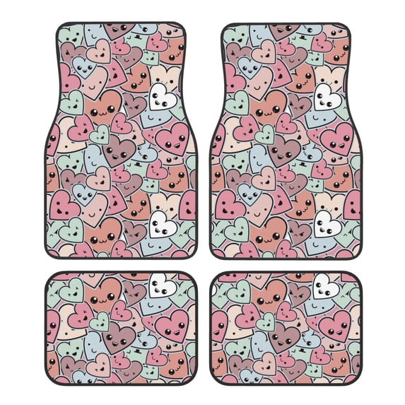 Daiia Cartoon Hearts Printed Car Floor Mats Set of 4, Durable Non Slip Auto Floor Carpet, Car Interior Carpets Proof Foot Pads Anti-Slip Cushion Automoetive Accessories