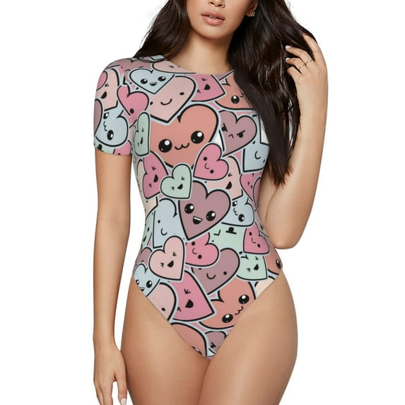 Daiia Cartoon Hearts print Women's Crew Neck Short Sleeve Bodysuit Fashion Tops Fit Casual Basic Extender Bodysuit-Small
