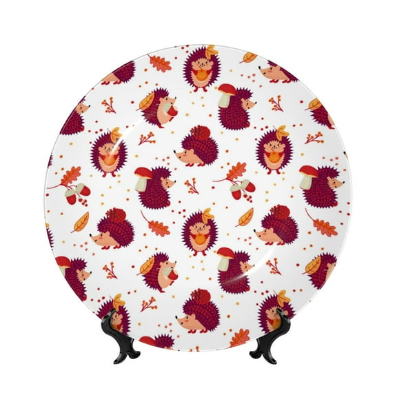 Daiia Cartoon Hedgehogs Printed Pattern Ceramic Plate Dinner Plates Bone China Decorative Plates with Display Stand Art Ceramic Ornaments for Wall Hanging Decoration-7in