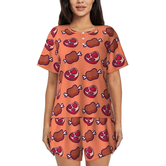 Daiia Cartoon Meat Pattern Womens Pajama Sets Short Sleeve Pajamas for Women Sets Soft Lounge Sets Casual Round Neck Sleepwear PJS-Medium