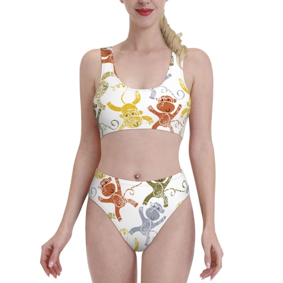 Daiia Cartoon Monkey printed 2 piece Swimsuit Bikinis for Women High Waisted Racerback Bathing Suits Summer Tummy Control Scoop Neck Swimwear-Medium