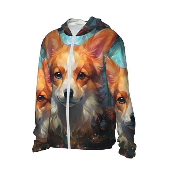 Daiia Cartoon Pattern Corgi UPF 50  Sun Protection Hoodie Jacket Lightweight Long Sleeve Sun Shirt for Women Men with Pocket Hiking Outdoor-Medium