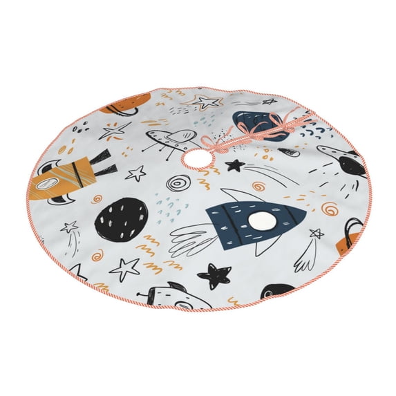Daiia Cartoon Planets Drawing Merry Christmas Tree Skirt , Xmas Large Lace-up Tree Skirt, Santa Snowflakes Rustic Home Decorations New Year Party Farmhouse Decor-36"