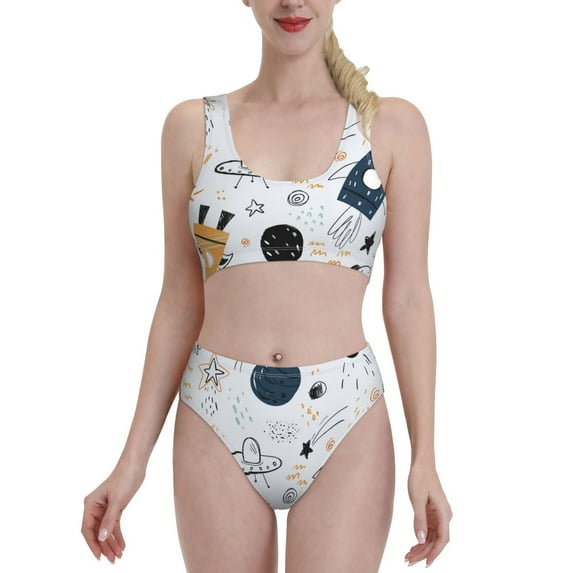 Daiia Cartoon Planets printed 2 piece Swimsuit Bikinis for Women High Waisted Racerback Bathing Suits Summer Tummy Control Scoop Neck Swimwear-Medium