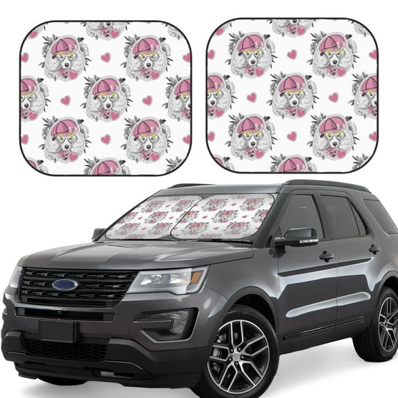 Daiia Cartoon Poodle Dog 2PCS Car Windshield Sun Shade, Foldable Sun Shield for Car Front Window, Auto Sun Blocker Visor Protector Universal for Truck SUV Pickup-Small