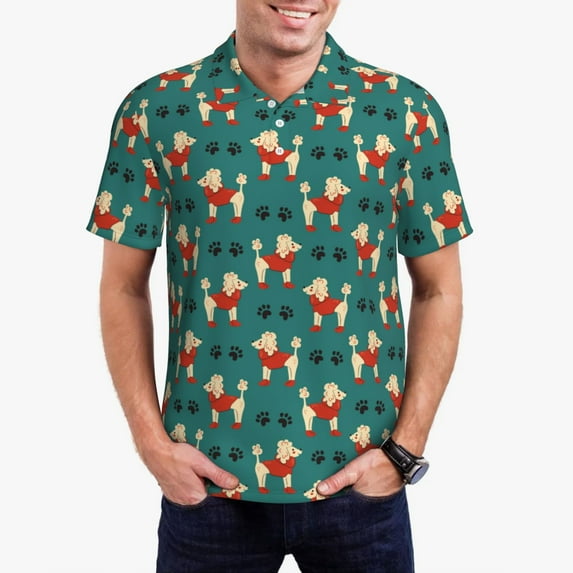 Daiia Cartoon Poodle Dog Pattern Men’s Polo Shirts,Solid Deck Shirt,Classic Fit, Breathable Cotton Polo for Casual and Sport Wear-Medium