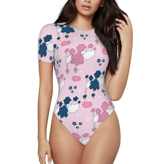 Daiia Cartoon Poodle Dog print Women's Crew Neck Short Sleeve Bodysuit Fashion Tops Fit Casual Basic Extender Bodysuit-XX-Large