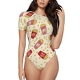 thumbnail image 1 of Daiia Cartoon Popcorn print Women's Crew Neck Short Sleeve Bodysuit Fashion Tops Fit Casual Basic Extender Bodysuit-Small, 1 of 9