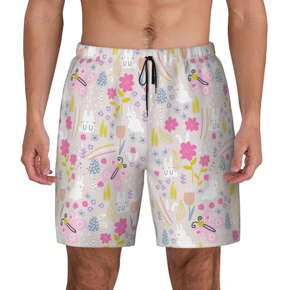 Daiia Cartoon Rabbit And Butterfly Mens Swim Trunks Swim Shorts Quick Dry Swim Shorts with Mesh Lining Pockets-XX-Large