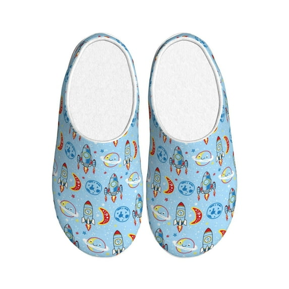 Daiia Cartoon Rocket With Space Print Women’s Fuzzy Slippers Memory Foam Lightweight House Shoes Cozy Loafer Flannel House Shoes-42/43