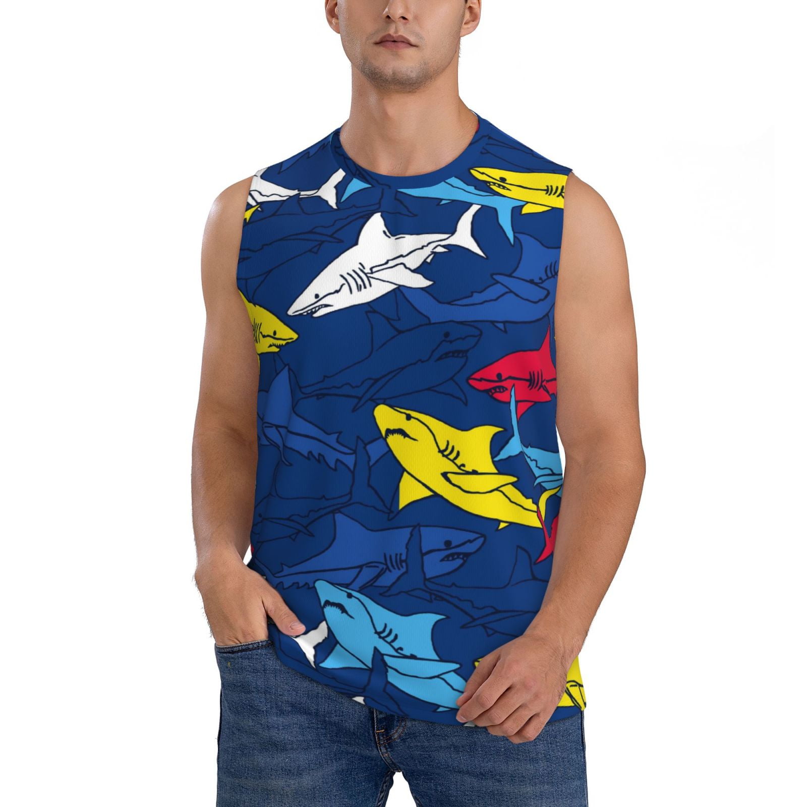 Daiia Cartoon Shark Printed Men's Tank Tops,Casual Soft Sleeveless Gym ...