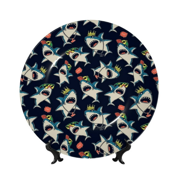 Daiia Cartoon Sharks Printed Pattern Ceramic Plate Dinner Plates Bone China Decorative Plates with Display Stand Art Ceramic Ornaments for Wall Hanging Decoration-6in