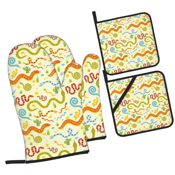 Daiia Cartoon Snake8 Pattern Oven Mitts and Pot Holders 4 pcs Set,High Heat Resistant 500 Degree Extra Thicken Long Kitchen Cotton Oven Glove