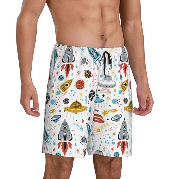 Daiia Cartoon Space Mens Woven Stretch Pajama Short,Short Pajama Pants-Large