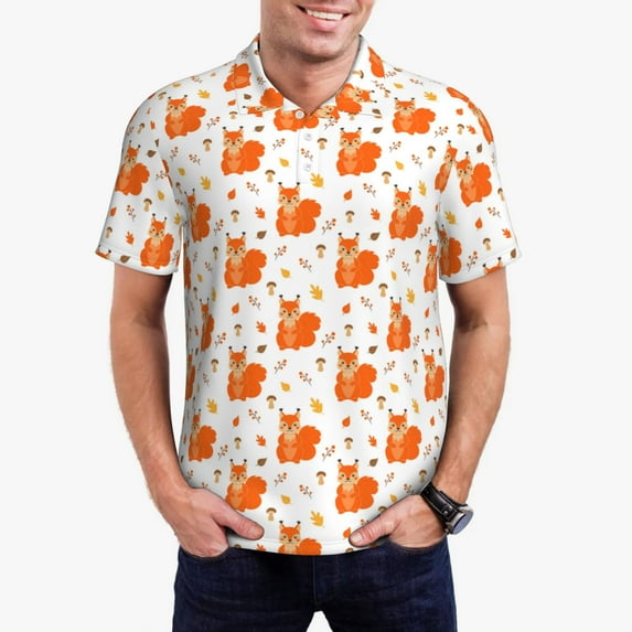 Daiia Cartoon Squirrel Pattern Men’s Polo Shirts,Solid Deck Shirt,Classic Fit, Breathable Cotton Polo for Casual and Sport Wear-X-Large