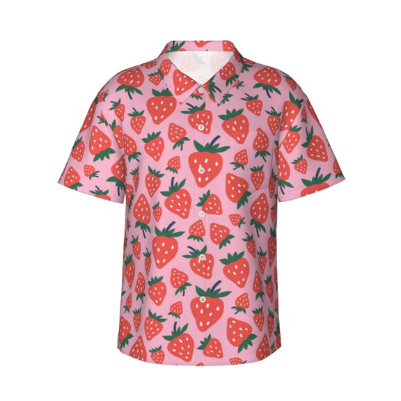 Daiia Cartoon Strawberry Hawaiian Shirt for Men Gentle Cotton Regular Short Sleeve Casual-Small
