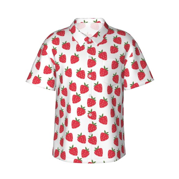 Daiia Cartoon Strawberry Hawaiian Shirt for Men Gentle Cotton Regular Short Sleeve Casual-X-Large