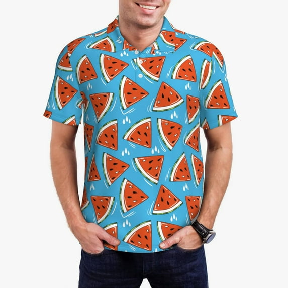 Daiia Cartoon Watermelon Pattern Men’s Polo Shirts,Solid Deck Shirt,Classic Fit, Breathable Cotton Polo for Casual and Sport Wear-XX-Large
