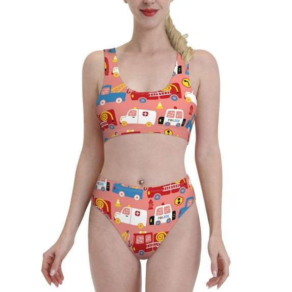 Daiia Cartoon with Traffic Elements printed 2 piece Swimsuit Bikinis for Women High Waisted Racerback Bathing Suits Summer Tummy Control Scoop Neck Swimwear-Small
