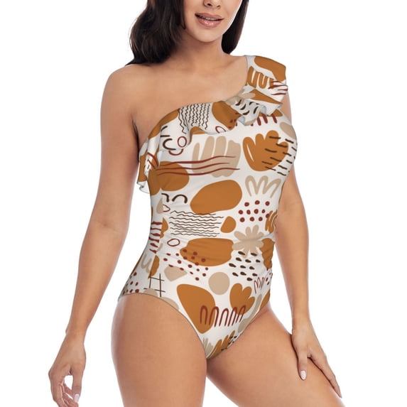 Daiia Cartoon Women's One Piece Swimsuits Personalized One Shoulder Swimwear Asymmetric Ruffle Bathing Suits-Small