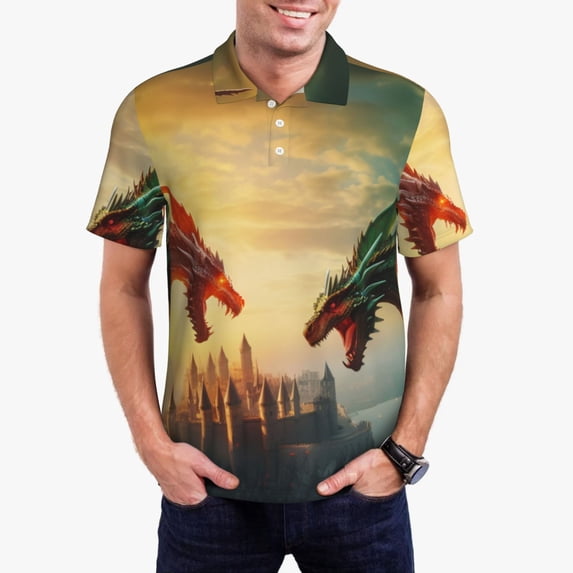Daiia Castle Red Green Sky Dragon Pattern Men’s Polo Shirts,Solid Deck Shirt,Classic Fit, Breathable Cotton Polo for Casual and Sport Wear-3X-Large