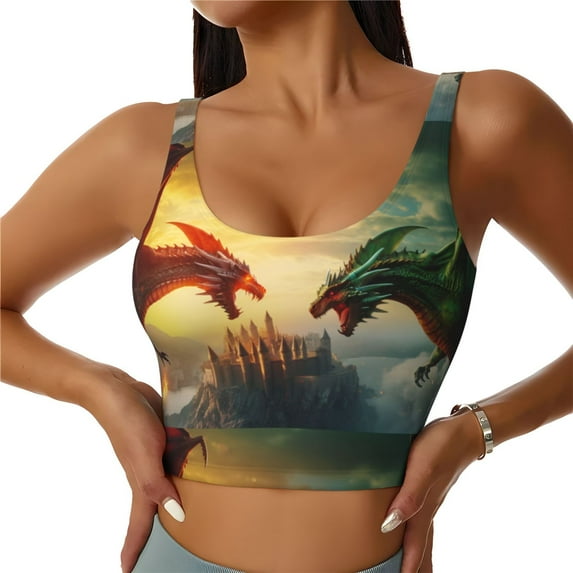 Daiia Castle Red Green Sky Dragon Printed Women's Sports Bra, Breathable Activewear Bra with U-Back Design and Removable Pads, Comfortable and Supportive for Yoga, Workout-Small