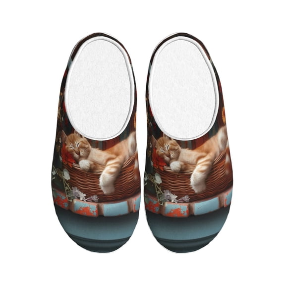 Daiia Cat Asleep Among Flowers Print Women’s Fuzzy Slippers Memory Foam Lightweight House Shoes Cozy Loafer Flannel House Shoes-37/38