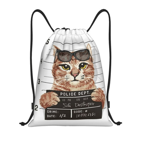Daiia Cat Holding Mugshot Sign Pattern Drawstring Backpack, Gym Bag, Lightweight Backpack, Water-Resistant Bag Travel Sports Backpack, Fitness Bag, Yoga Bag-Small
