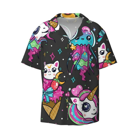 Daiia Cat Icecream Men's Linen Shirts Short Sleeve Casual Shirts Button Down Shirt for Men Beach Summer Wedding Shirt-4X-Large