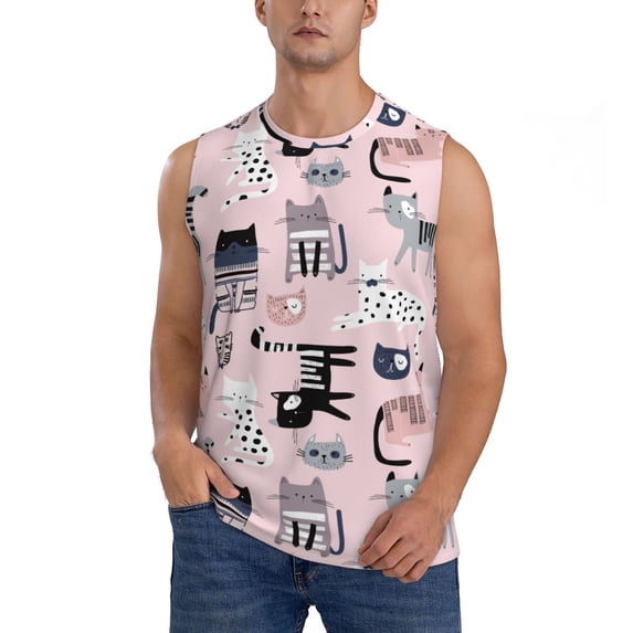 Daiia Cat Printed Men's Tank Tops,Casual Soft Sleeveless Gym Muscle Shirts Bodybuilding Tee-X-Large