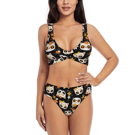Daiia Cat Skulls and Flowers Women's Bikini Set Two Piece Swimsuit High Waisted Bikini Adjustable Straps Bikini Perfect for Beach, Pool, and Summer Vacation-Medium