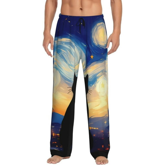 Daiia Cat Under Starry Skies Men's Sleep Pant with Pockets and Drawstring,Pajama Pants-Small