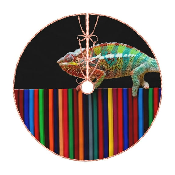Daiia Chameleon Panther On Colored Pencils Drawing Merry Christmas Tree Skirt , Xmas Large Lace-up Tree Skirt, Santa Snowflakes Rustic Home Decorations New Year Party Farmhouse Decor-30"
