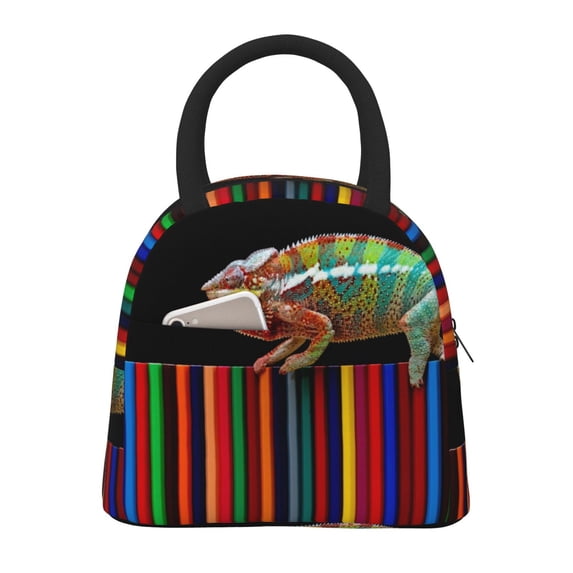 Daiia Chameleon Panther On Colored Pencils Pattern Lunch Bag , Insulated Lunch Box, Small Leakproof Cooler Food Lunch Containers Reusable High Capacity Lunch Tote Bags-One Size