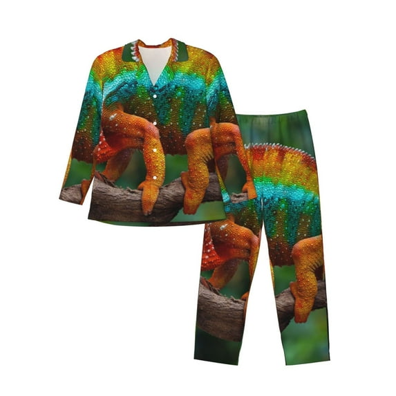 Daiia Chameleon for Men's Long-Sleeved Pajama Set – Soft & Comfortable Sleepwear Button-Up Pajamas Cozy Lounge Wear-Large