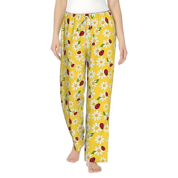 Daiia Chamomile And Ladybug Women's Sleep Pant with Pockets and Drawstring,Pajama Pants-X-Large