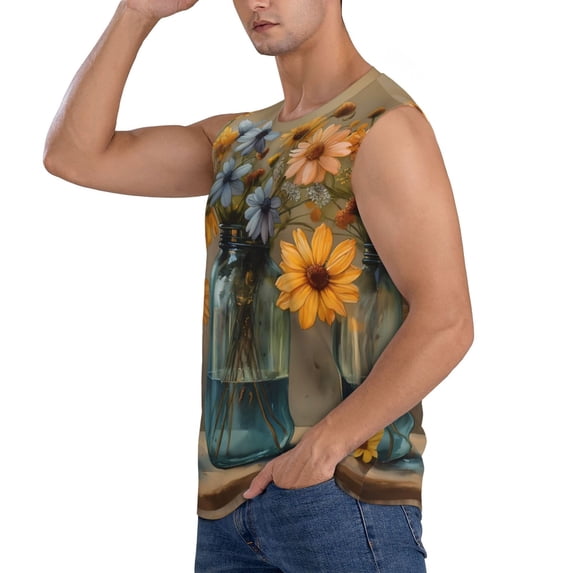 Daiia Charming Daisy Bouquet Art Printed Men's Tank Tops,Casual Soft Sleeveless Gym Muscle Shirts Bodybuilding Tee-Large