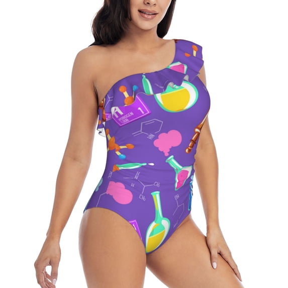 Daiia Chemistry Tools Women's One Piece Swimsuits Personalized One Shoulder Swimwear Asymmetric Ruffle Bathing Suits-Large