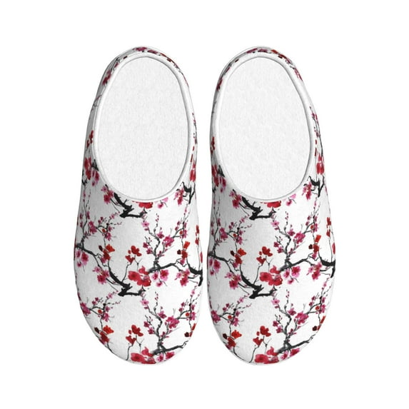 Daiia Cherry Blossoms Print Women’s Fuzzy Slippers Memory Foam Lightweight House Shoes Cozy Loafer Flannel House Shoes-37/38