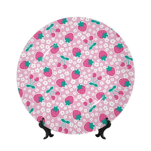 Daiia Cherry Strawberry Printed Pattern Ceramic Plate Dinner Plates Bone China Decorative Plates with Display Stand Art Ceramic Ornaments for Wall Hanging Decoration-7in