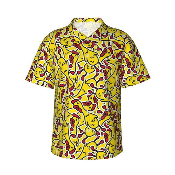Daiia Chicken Cartoon Hawaiian Shirt for Men Gentle Cotton Regular Short Sleeve Casual-Small