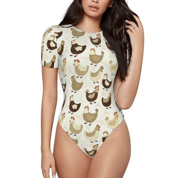 Daiia Chicken Cartoon print Women's Crew Neck Short Sleeve Bodysuit Fashion Tops Fit Casual Basic Extender Bodysuit-Medium
