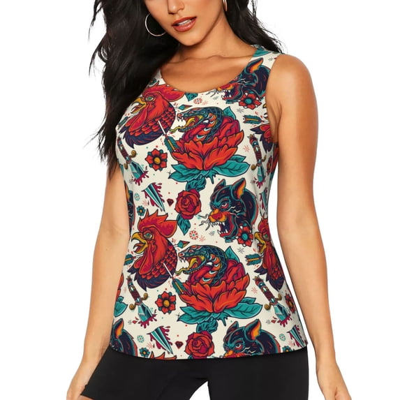 Daiia Chicken Printed Womens Workout Tops for Women Quick-dry Tank Tops Mesh Yoga Shirts Athletic Running Tank Tops Sleeveless Gym Clothes-Large